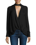 Long-Sleeve Draped Silk Charmeuse Blouse, Black