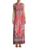 Sleeveless Embellished Multi-Print Maxi Dress, Red