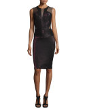 Sleeveless Metallic Mesh-Trim Sheath Dress, Wine