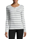 Long-Sleeve Striped Henley Top, Heather Gray/Ecru