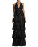 Tiered Silk Metallic Polka-Dot Halter Gown, Black