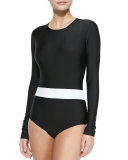 Long-Sleeve One-Piece Swimsuit, Black/White