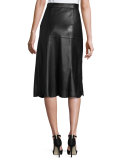 Embroidered Floral Laser-Cut Leather Midi Skirt, Black