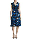 Brushstroke-Print Pleated A-Line Dress, Blue/White Multi