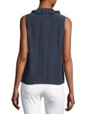 Small Ruffle Sleeveless Top, Navy Polka Dot