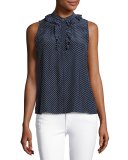 Small Ruffle Sleeveless Top, Navy Polka Dot