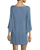 Split-Sleeve Silk Crepe Dress, Steel Blue