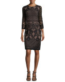 3/4-Sleeve Lace Cocktail Dress, Black