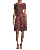 Villa Geo-Knit Short-Sleeve Fit-&-Flare Dress, Caviar/Hibiscus/Multi
