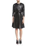 3/4-Sleeve Braided-Trim Leather Jacket, Black