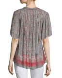 Short-Sleeve Tassel-Tie Printed Blouse 