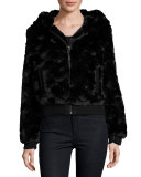 Faux-Fur Hooded Zip-Front Bomber Jacket, Black