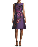 Sleeveless Floral Taffeta A-Line Gown, Purple