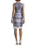 Lace-Print Mikado Sheath Dress, White/Navy