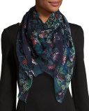 Floral Metallic Silk-Blend Scarf, Navy