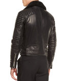 Leather Shearling Fur-Lined Moto Jacket, Black
