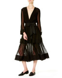 Deep-V Long-Sleeve Silk Dress, Black
