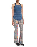 High-Neck Striped Sport Tank Top, Jean