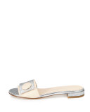 Buttoni Crocodile-Embossed Slide Sandal, Silver/Beige