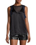 Sleeveless Lace-Trim Satin Slip Top, Black