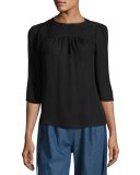 3/4-Sleeve Gathered-Neck Blouse, Black