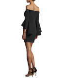 Selena Short Italian Cady Dress W/Cascade Sleeves, Black