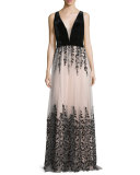 Sleeveless Floral-Embroidered Combo Gown, Nude/Black