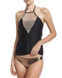 Chain Reaction High-Neck Tankini Swim Top, Black