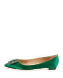Hangisi Crystal-Buckle Satin Flat, Emerald