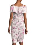 Cold-Shoulder Belted Floral Cocktail Dress, Pink/Multicolor