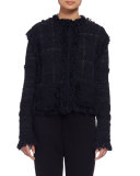 Long-Sleeve Fringe-Trim Tweed Jacket, Black