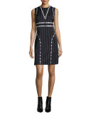 Square Pinstripe Button-Trimmed Sheath Dress