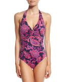 Jacobean Floral Halter One-Piece Swimsuit