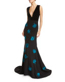 Antoinette Sleeveless Crepe & Floral Satin Gown, Onyx/Blue Topaz
