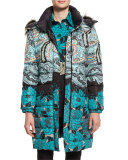 Fox-Trim Hooded Floral Puffer Jacket, Teal