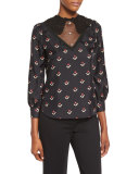 Tulip-Print Lace-Inset Blouse, Black/Multi
