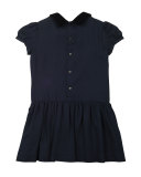 Swiss Dot Velvet-Trim Dress, Navy, Size 3-8