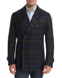 Plaid Wool-Cashmere Pea Coat, Navy/Green