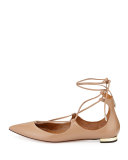 Christy Lace-Up Pointed-Toe Flat, Biscotto