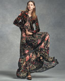 Galaxy Garden-Print Tiered Maxi Skirt, Red/Black