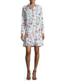 High Gloss Printed Pleated Dress, White/Multicolor