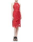 Jade Halter-Neck Blossom-Lace Dress, Crimson