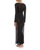 Mesh-Stripe Long-Sleeve Maxi Dress