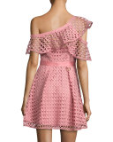 Lace Frill Asymmetric Cold-Shoulder Fit & Flare Mini Dress, Pink