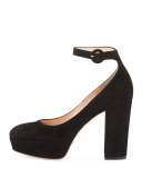 Suede Platform Ankle-Strap Pump, Black