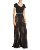 Fernweh Silk Paisley Wide-Leg Pants, Black