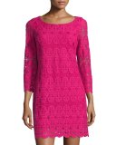 3/4 Sleeve Mesh Dress, Vivid Pink