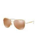 Metal Mirrored Aviator Sunglasses, Gold/White