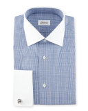 Contrast-Collar Glen Plaid Dress Shirt, Dark Blue