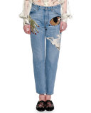 Icon Embroidered Boyfriend Ankle Jeans, Indigo